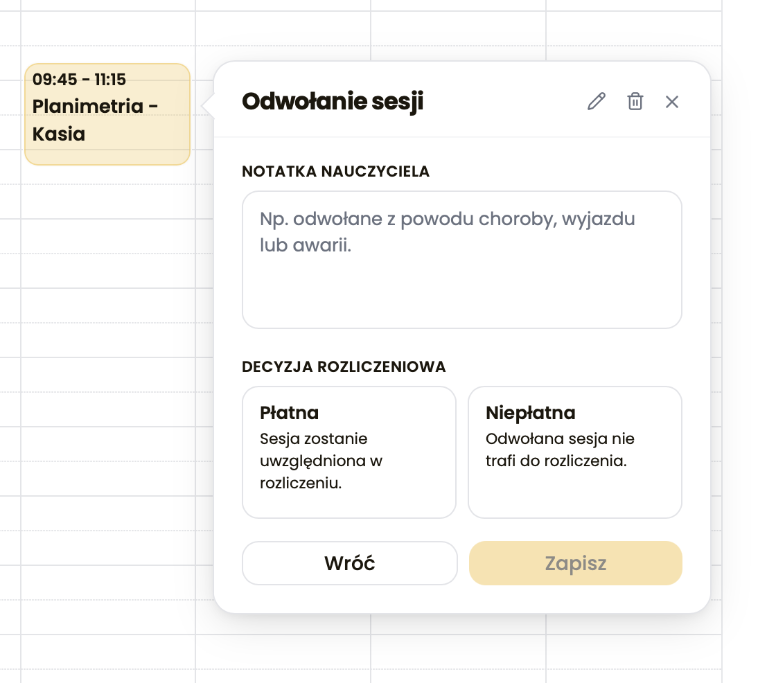 Zrzut widoku odwoływania sesji z notatką i decyzją płatna/niepłatna