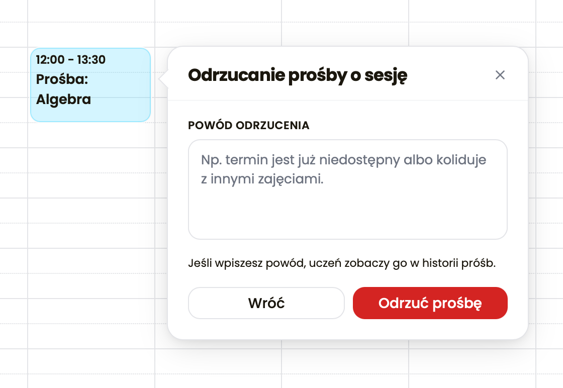 Zrzut panelu szczegółów prośby z przyciskami Akceptuj / Odrzuć