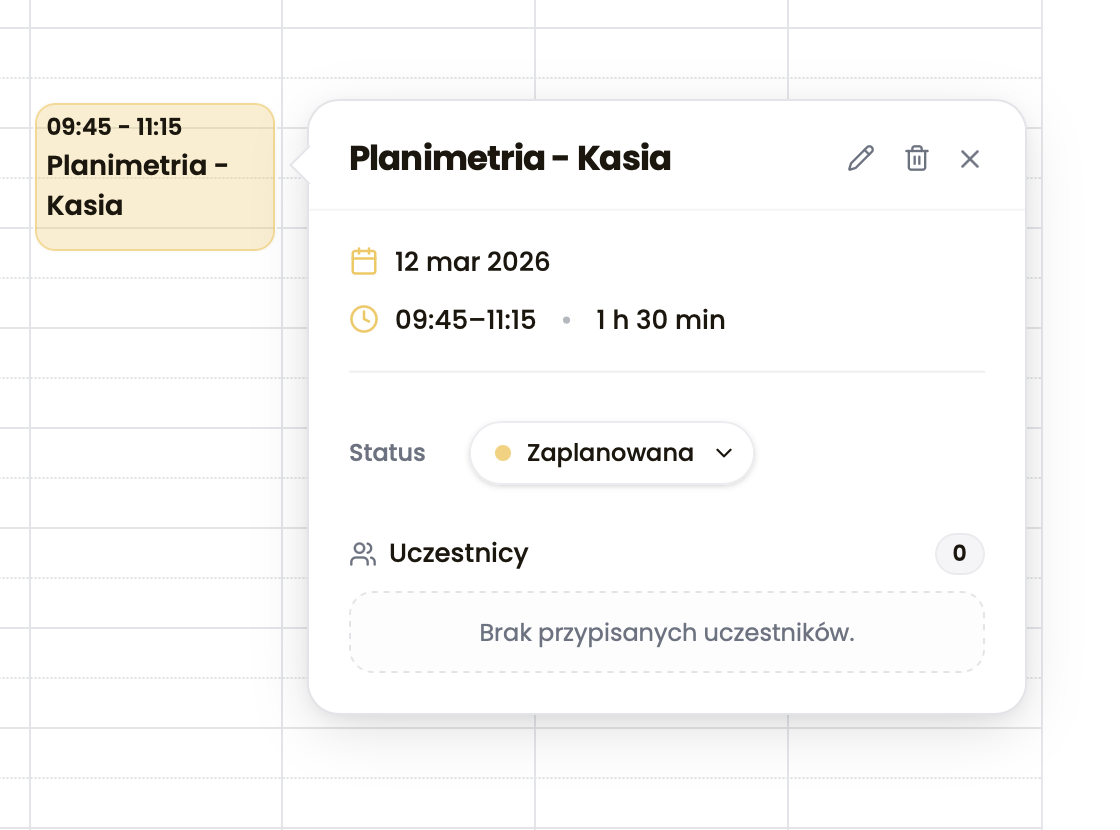 Zrzut szczegółów sesji z jej opisem i akcjami jak edycja czy usunięcie.