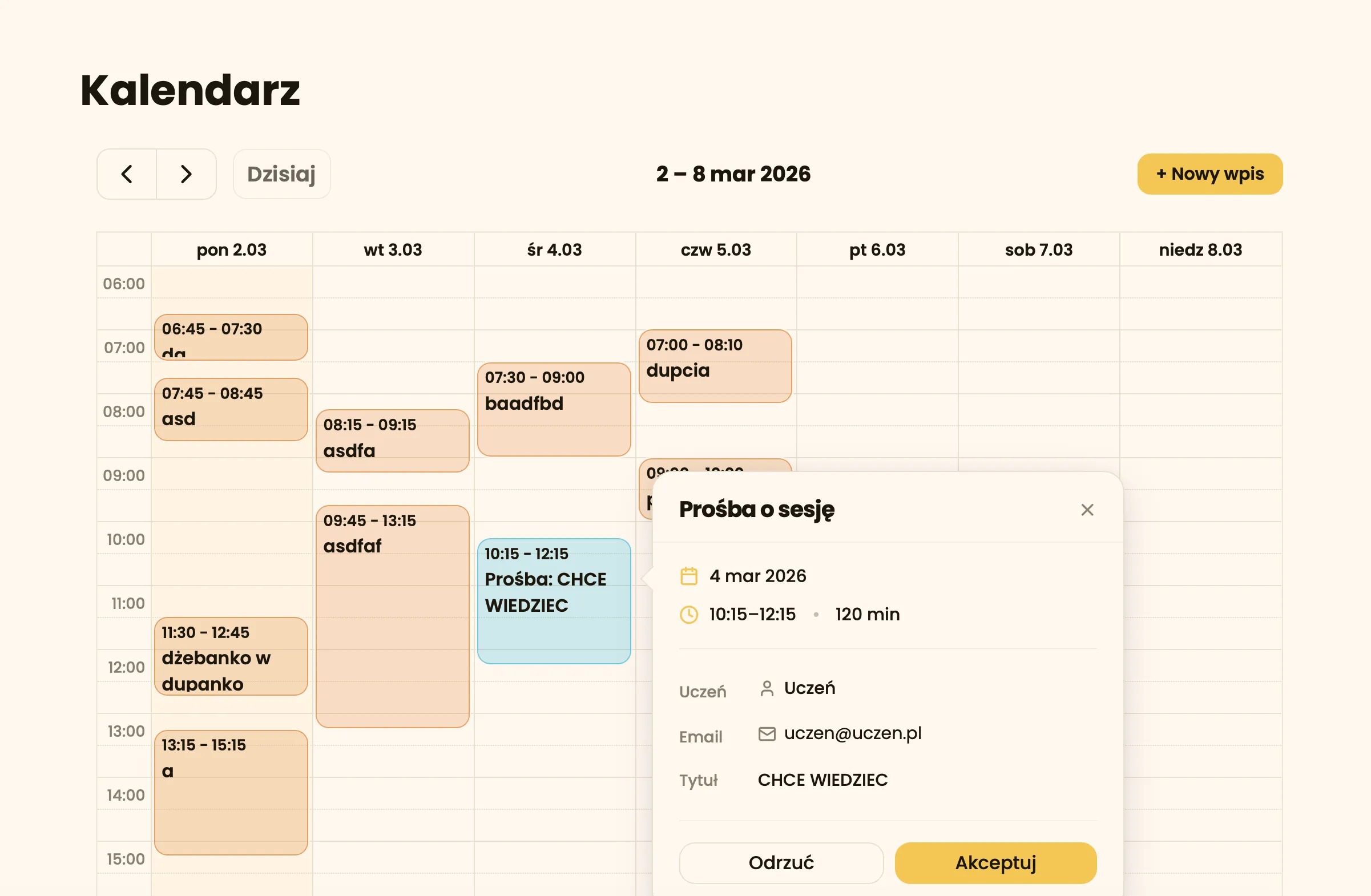 Widok kalendarza nauczyciela