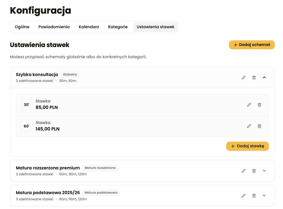Widok konfiguracji schematów stawek z różnymi długościami zajęć i przypisaniem do przedmiotu.