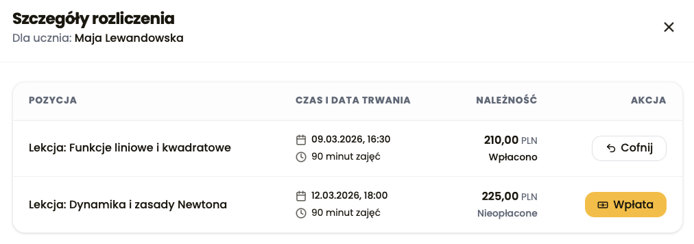 Szczegóły rozliczenia z listą pozycji, stanem opłacenia i przyciskami Wpłata oraz Cofnij.