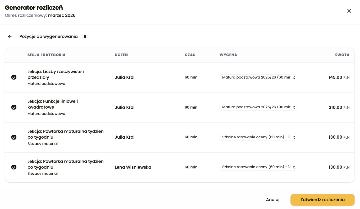 Generator rozliczeń z listą pozycji do wygenerowania, wyborem schematów wyceny i sekcją pominiętych elementów.