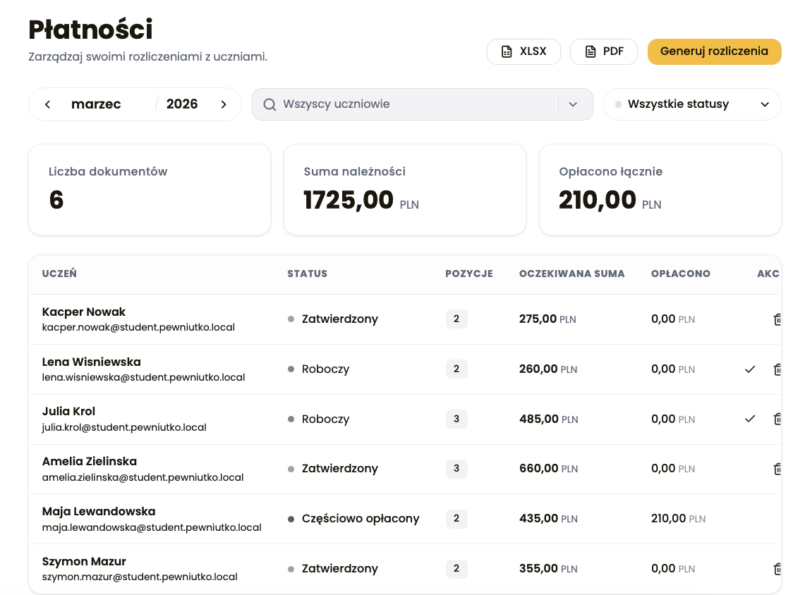 Widok listy rozliczeń z filtrami okresu, podsumowaniem kwot i przyciskiem Generuj rozliczenia.