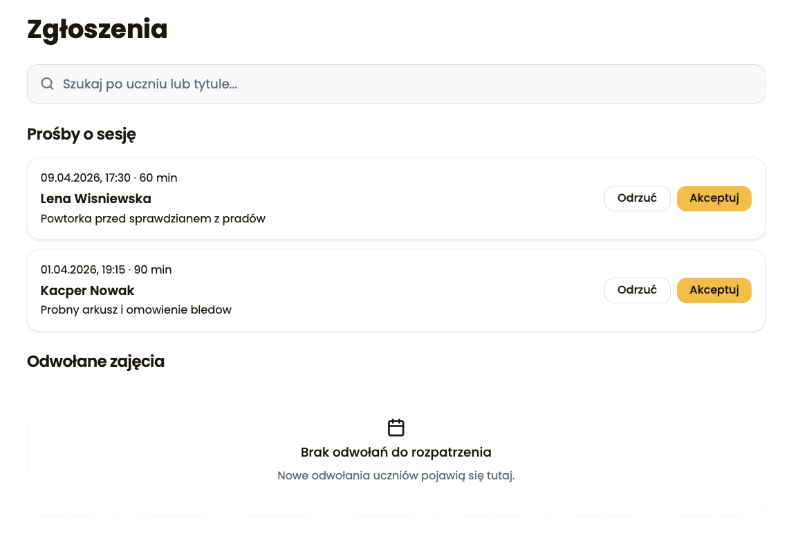 Widok modułu Zgłoszenia z polem wyszukiwania, listą oczekujących próśb oraz historią wcześniejszych decyzji.
