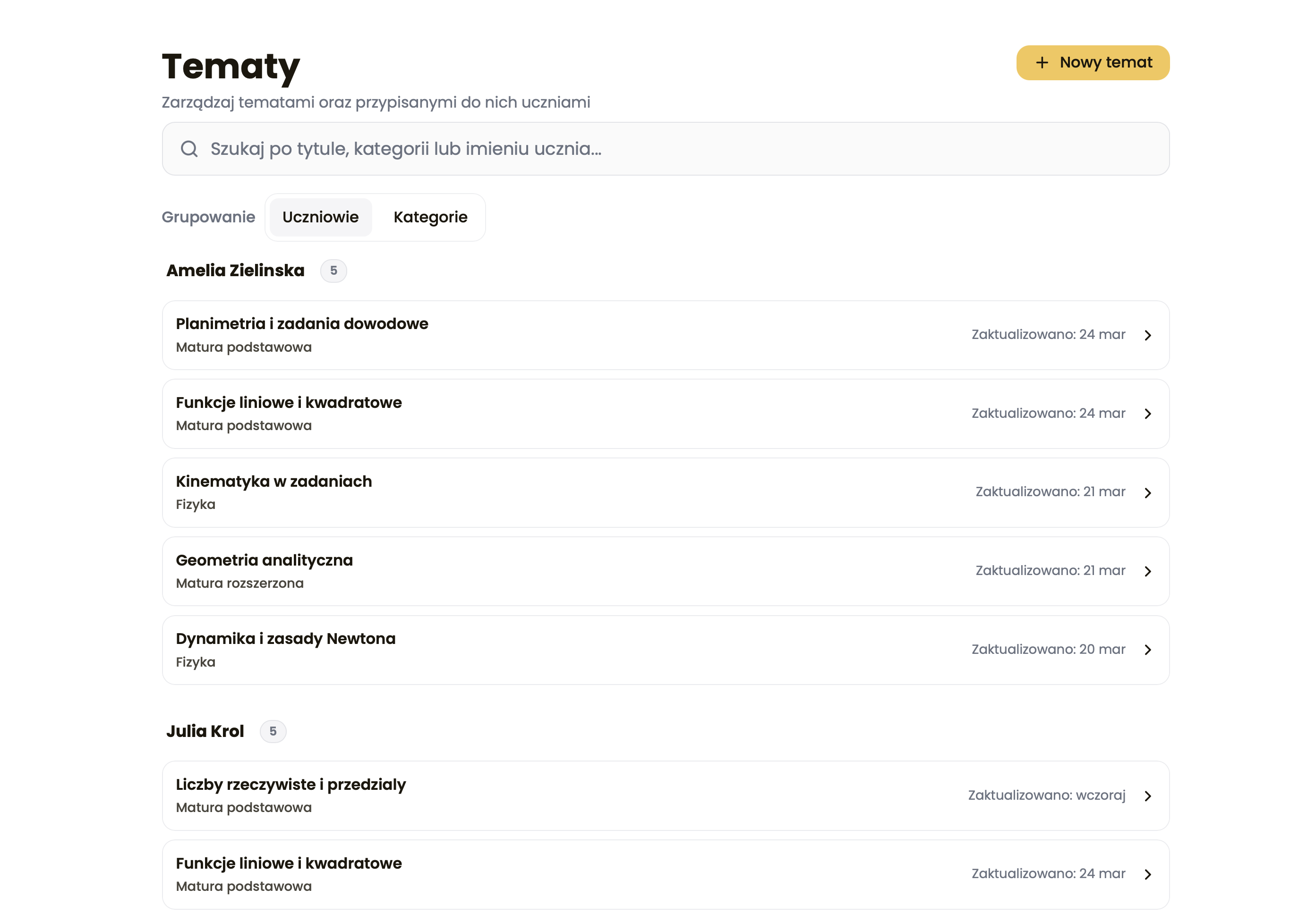 Widok listy tematów z wyszukiwarką, podziałem na kategorie i przyciskiem dodawania nowego tematu.