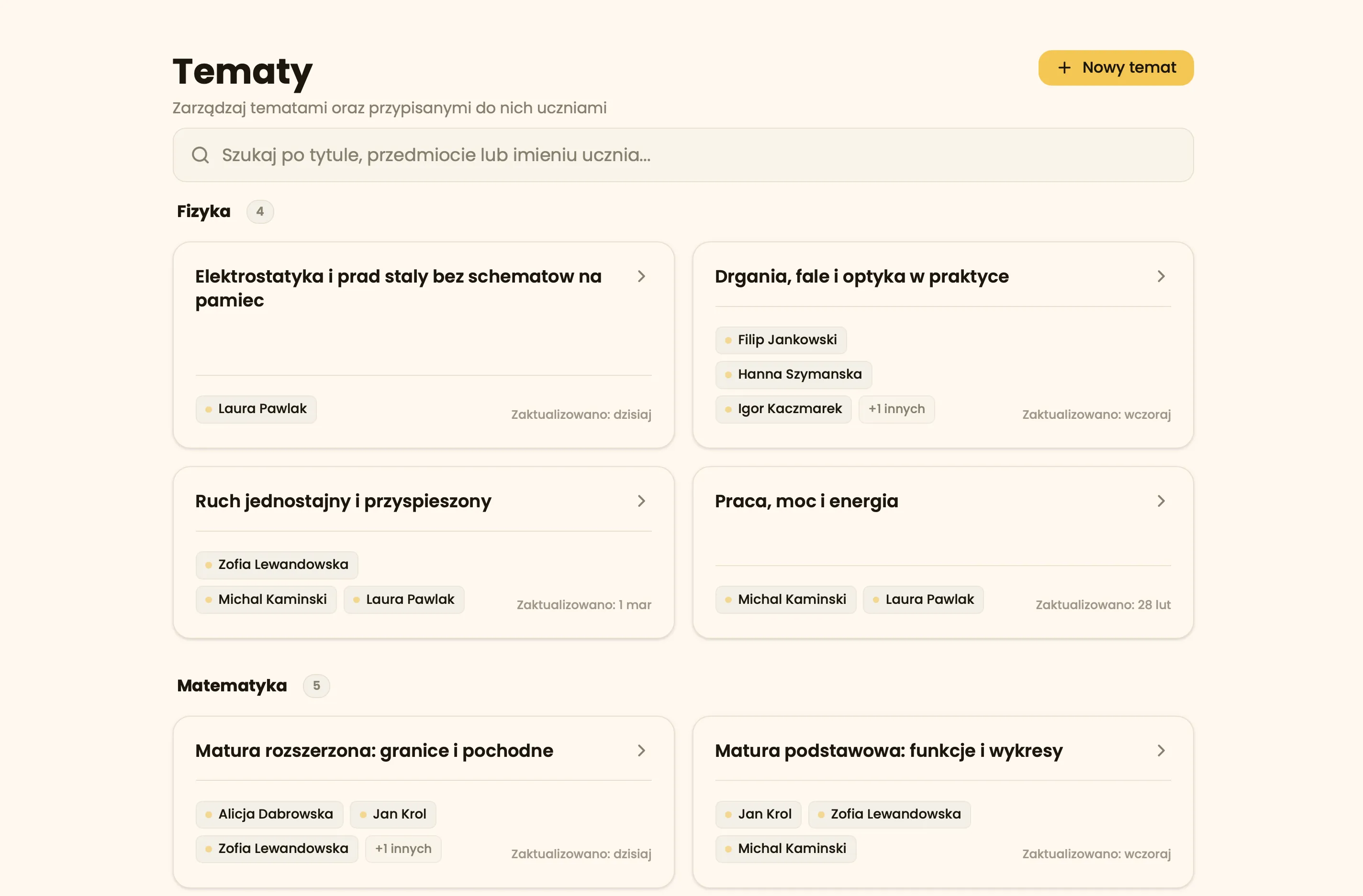 Widok tematów i materiałów