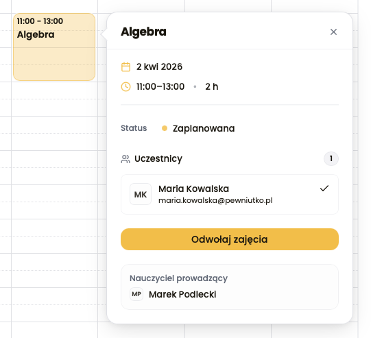 Zrzut kalendarza ucznia z widocznymi sesjami i ich szczegółami