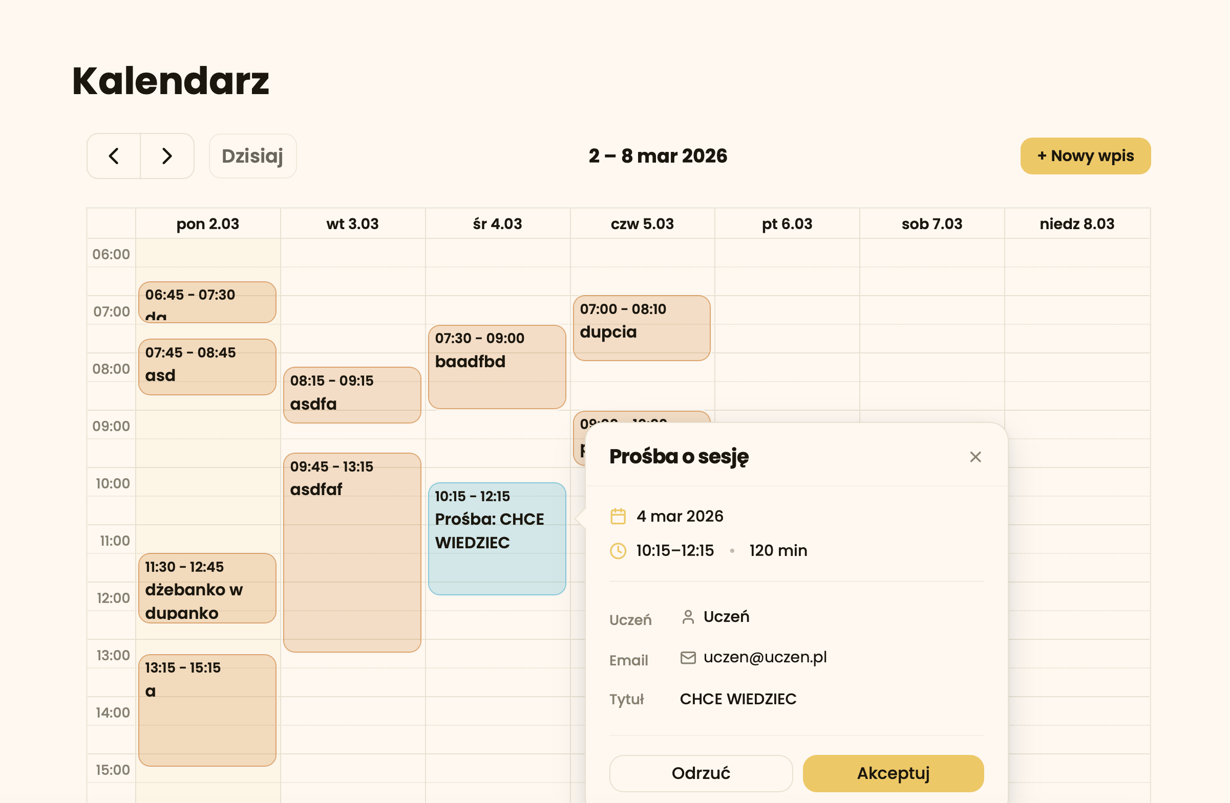 Widok kalendarza nauczyciela