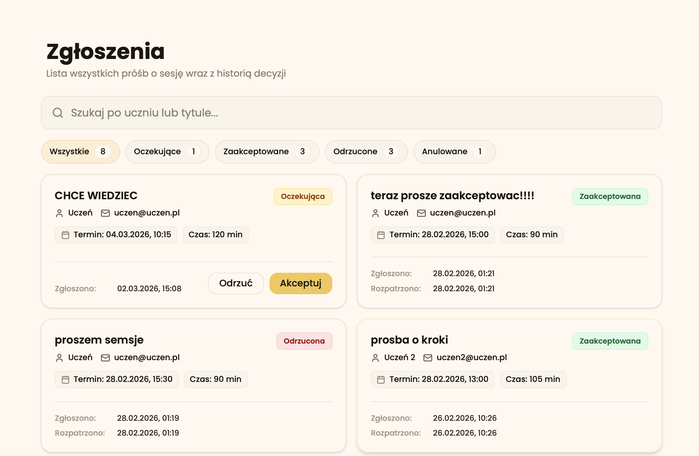 Zgłoszenia do nauczyciela